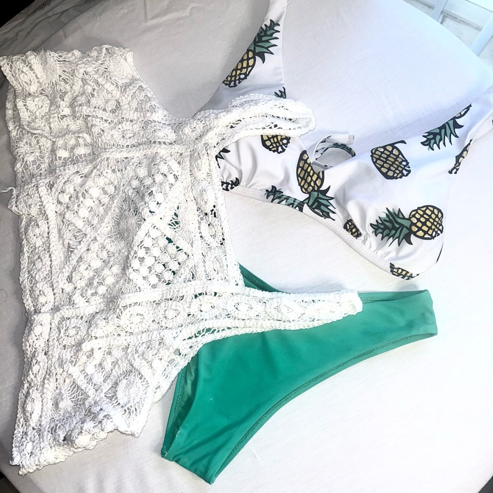 Bathing suit in summery green pineapple design. Size small A cup. Swim suit